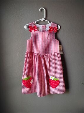 Counting Daisies Red Gingham Strawberry Pocket Dress with Polka Bow Straps